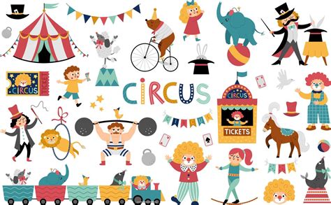 Big vector circus set. Street show animals, tent, artist collection ...