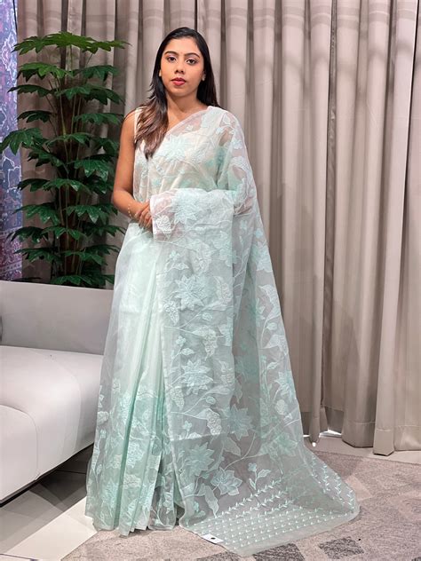 Floral Applique Detailed Organza Saree | MM261 – Aham Designer Boutique