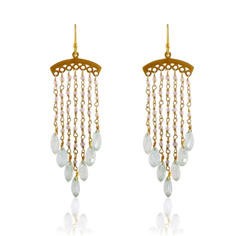 Hand Crafted Silver Gold Plated Pearl/aquamarine Jhalar Earring – Adore ...