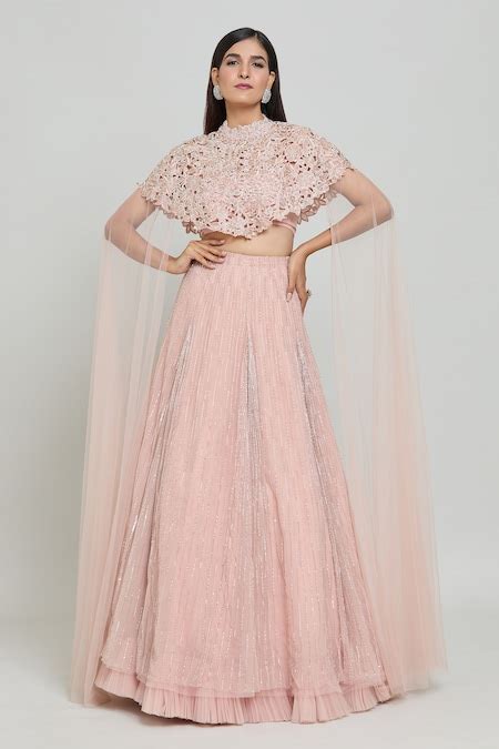 Buy Peach Organza, Net Embroidery, Beads High Neck Floral Cutwork Cape ...