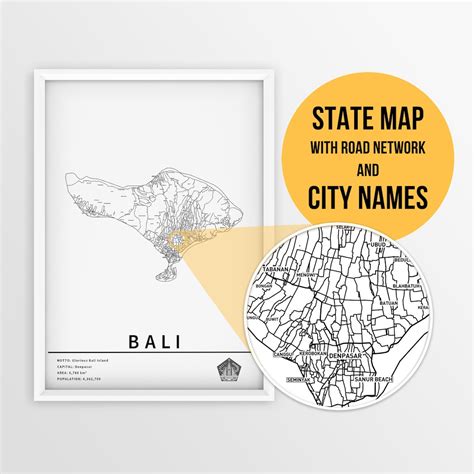 Printable Map of Bali, Indonesia With City Names and Roads - Instant Download  State Map  Map ...