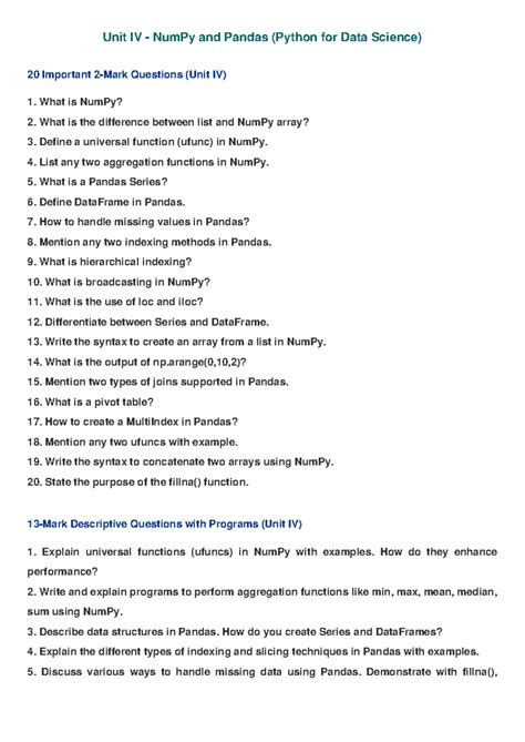 Unit IV NumPy & Pandas: 20 Key Questions & Study Guide - Studocu