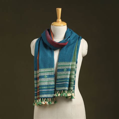 Blue Handwoven Merino Wool Kutch Bhujodi Stole