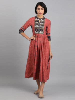 Buy W Red Mandarin Neck Gathered Dress Online