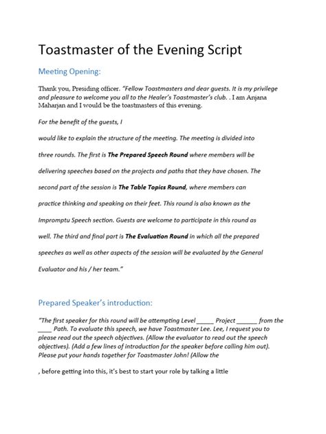 Image result for Toastmaster Role Script