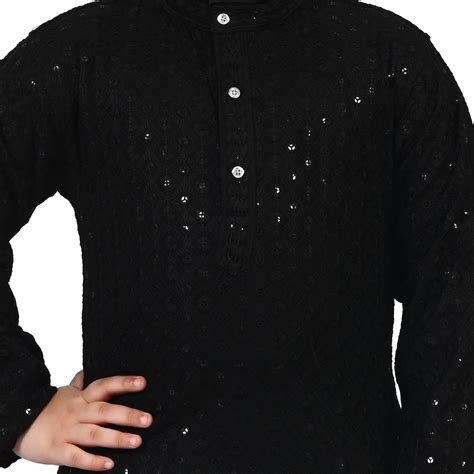 Boys Viscose Chikankari Embroidery Festive Kurta Pajama Set - Black ...