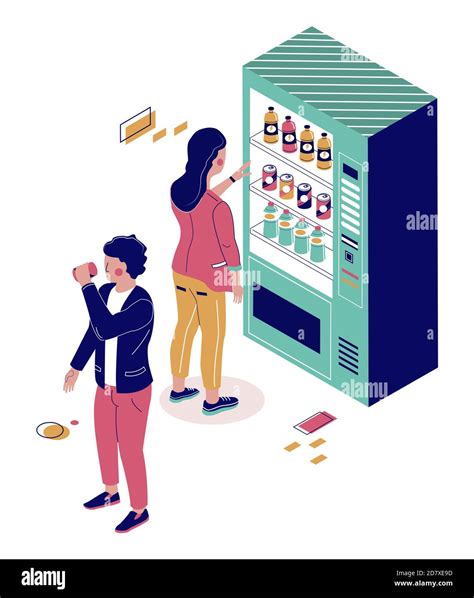 People buying soda, cola, water from drink vending machine, flat vector ...