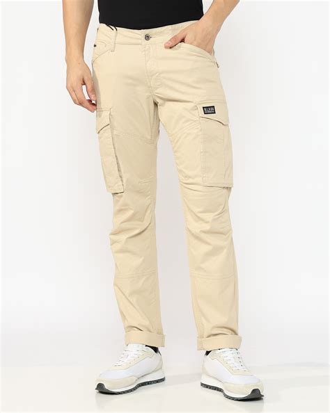 Slim Straight Fit Mid Rise Beige Cargo Trousers