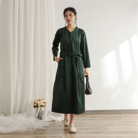 Women Soft Corduroy Dress Shirt Velvet Dress Long Sleeve Robe Party ...