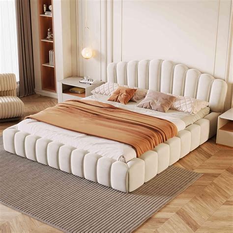 ATY Upholstered Queen Size Platfrom Bed with Shell-Shaped Headboard ...