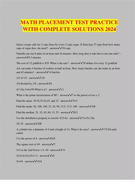 MATH PLACEMENT TEST PRACTICE WITH COMPLETE SOLUTIONS 2024 - Placement ...
