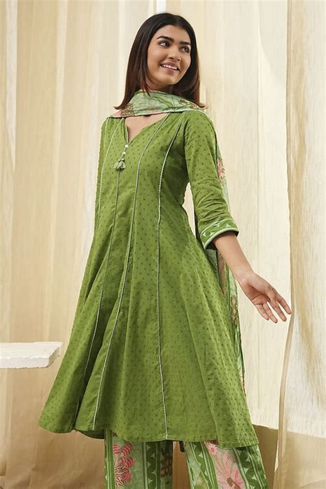 Green Cotton Yarn-Dyed Kalidar Suit Set at Biba India