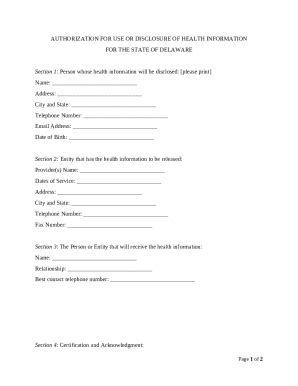 Delaware Health Information Disclosure Authorization - Blank Fillable ...