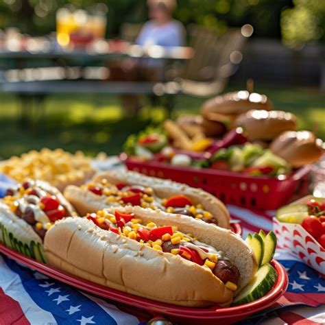 Delicious picnic hot dogs loaded with toppings on a festive american ...