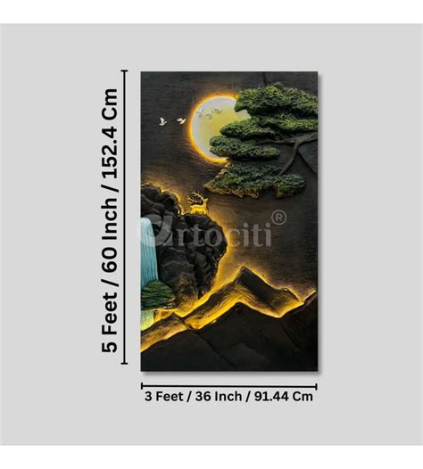5X3 Feet Modern Abstract Mountain Tree and Sun 3d Relief Mural Wall Ar