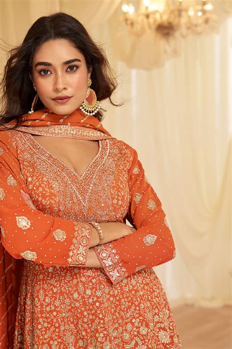 Orange Georgette Embroidered Anarkali Suit Set – Meena Bazaar Shop