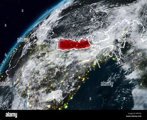 Nepal on planet Earth at night with visible country borders. 3D illustration. Elements of this ... - borders of nepal