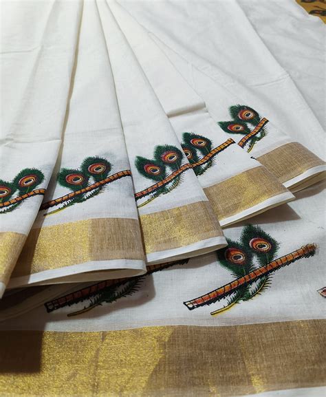 Peacock Feather Mural Printed Kerala Cotton Saree | Peepal Clothing