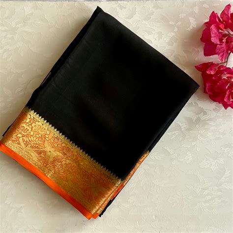 Black Saree Gold Brocade Border Orange Edge Traditional Bridal Wear ...