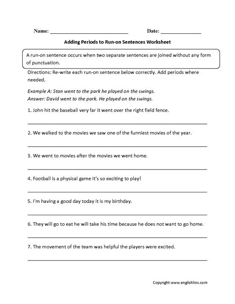 Run On Sentence Worksheet