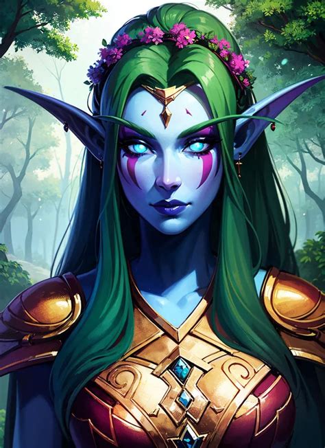 Female night elf in golden armor with green hair in forest. in 2024 ...