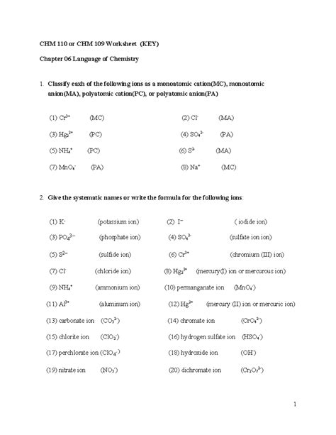 06 Key to Chapter 06 worksheet Language of Chemistry - CHM 110 or CHM 109 Worksheet (KEY ...