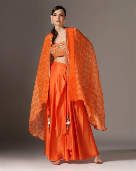 Orange Raw Silk & Organza Draped Skirt Set – Yashodhara