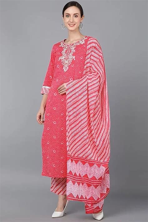 Buy Pink Pure Cotton Bandhani Straight Suit Set | Vaamsi