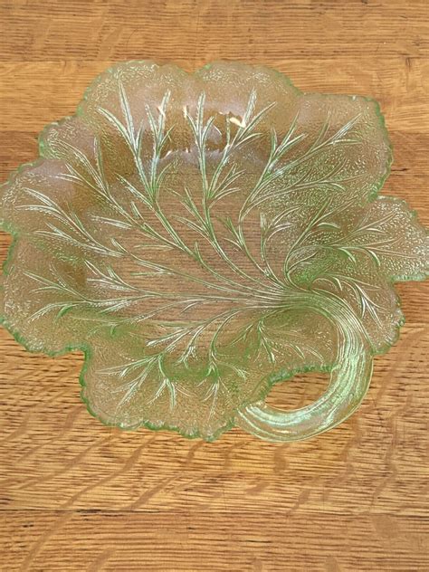 Vintage Uranium Vaseline Green Depression Glass Cabbage Leaf Candy Dish ...