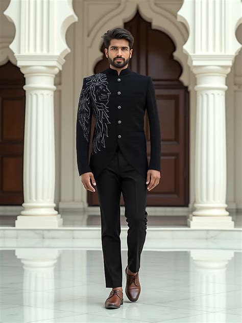 Massive Black Polynosic Pearls work Bandhgala Suit – De Royal Mens Ethnic