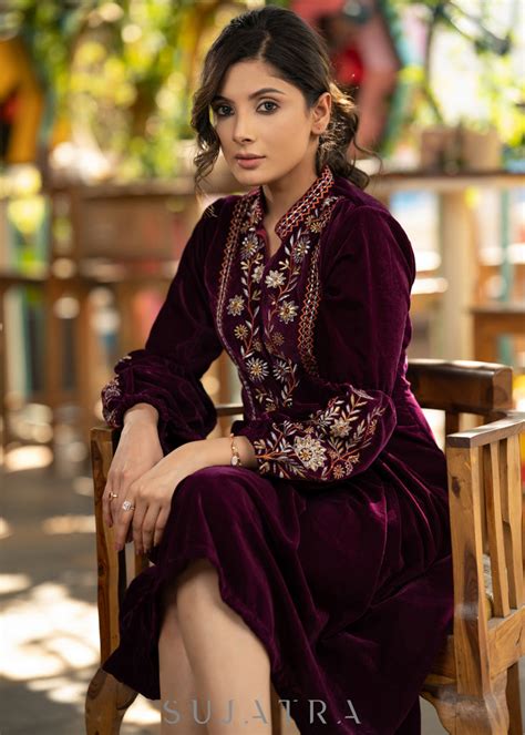 Classy wine velvet dress with beautiful floral embroidered yoke – Sujatra