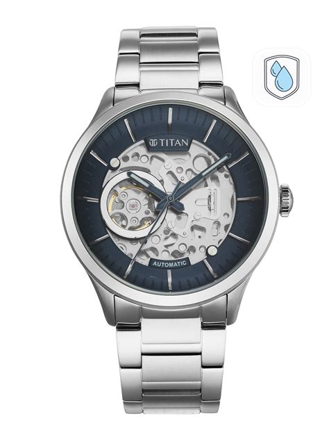 Titan Men Blue Skeleton Dial & Silver Toned Bracelet Style Straps ...