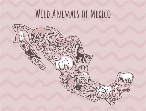 Premium Vector | Animals of mexico on map doodle style illustration ...