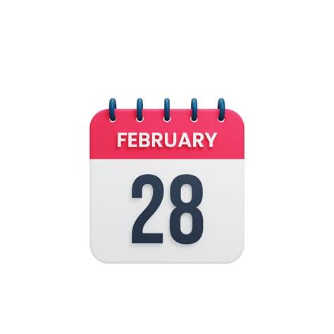February Realistic Calendar Icon 3D Illustration Date February 28 ...