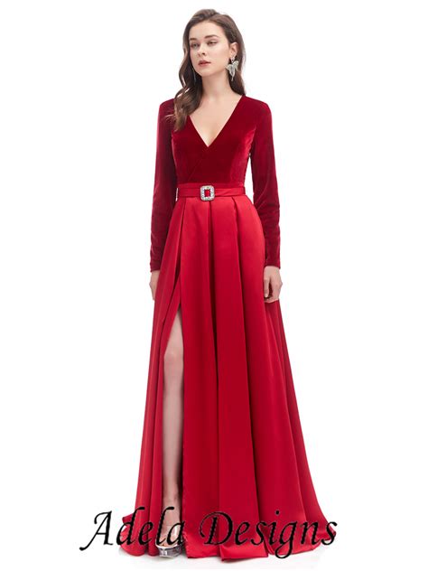Red A-line Satin Prom Dress Long Sleeves – Adela Designs