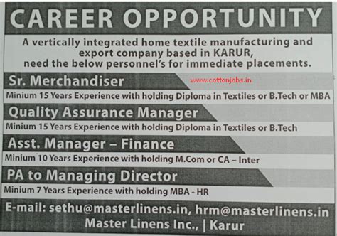 WANTED FOR MASTER LINENS INC IN KARUR POST DATE : 03.12.2019