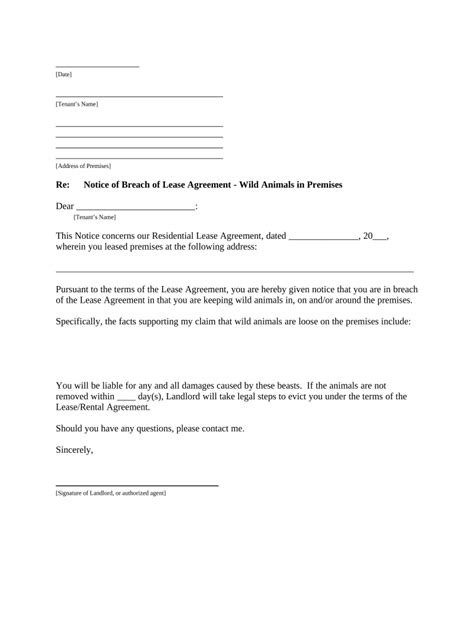 Notice of Breach of Lease Agreement - Wild Animals - Blank Fillable ...