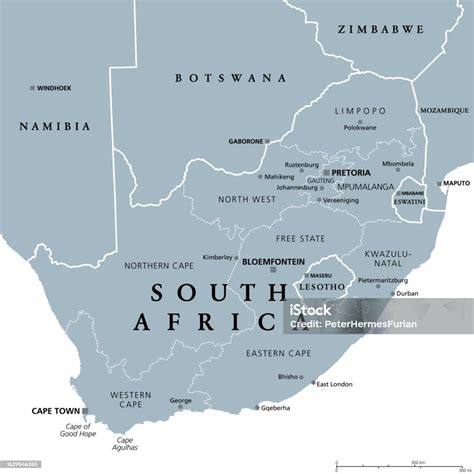 South Africa Gray Political Map With Provinces And Largest Cities Stock ...