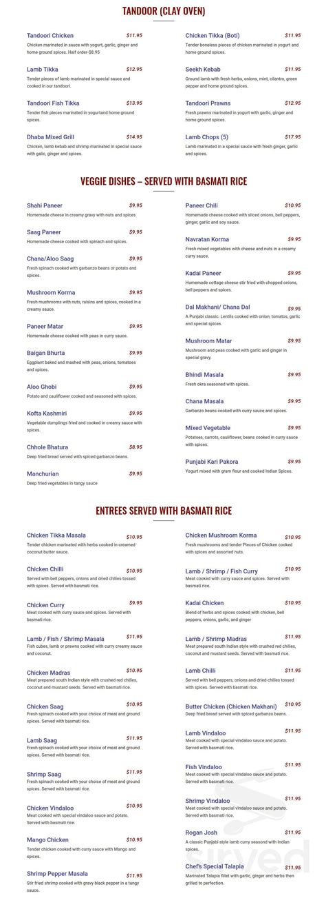 Dhaba Indian Cuisine menu in Tracy, California, USA