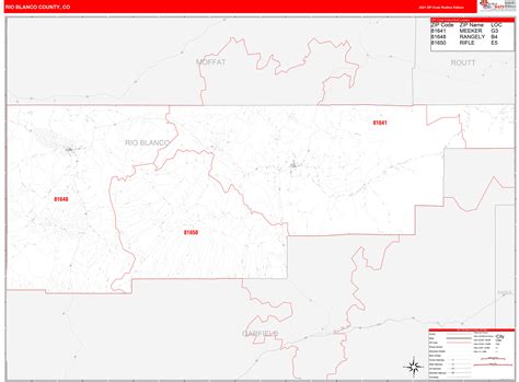 Rio Blanco County, CO Zip Code Wall Map Red Line Style by MarketMAPS