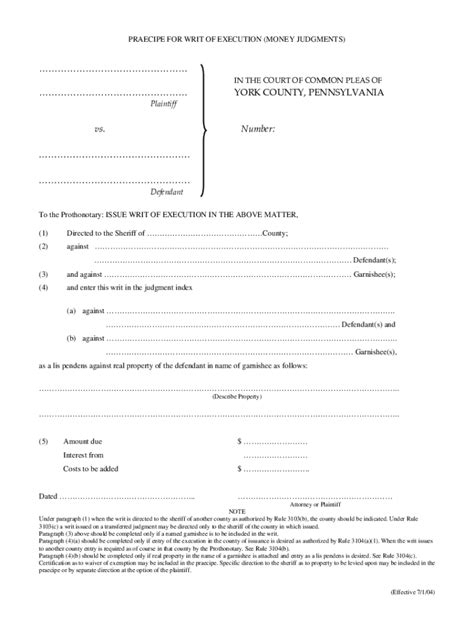 Fillable Online Praecipe for Writ of Execution Confessed Judgment-Money ...