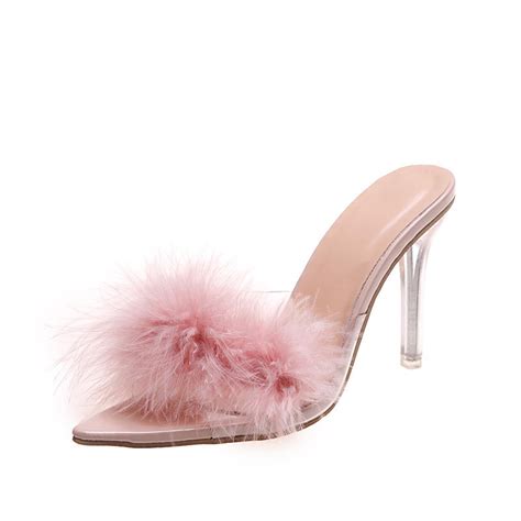 Lolmot Women's Pointed Toe High Heel Mule Sandals Fuzzy Heels heels ...