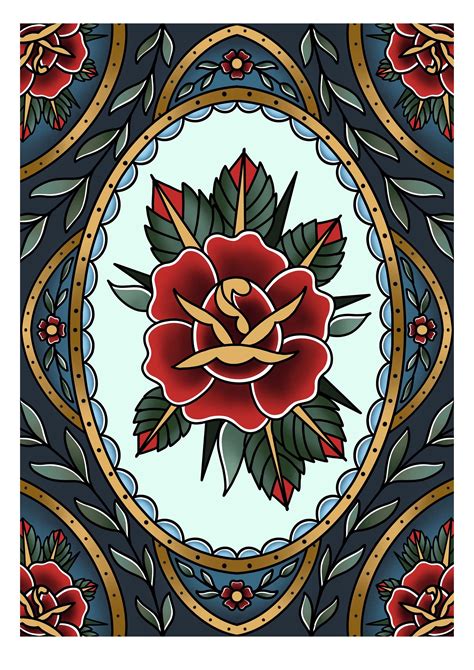 Traditional Rose Tattoo Style A4 Art Print Designed and Signed by Kat ...