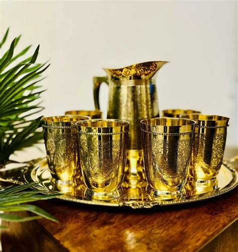 Brass Lemonade Jug Set with 6 Glasses & Tray