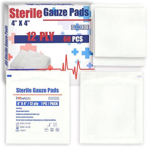 Amazon.com: KIWAEZS 60 Pack Sterile 4x4 Large Gauze Pads - 12-ply Woven ...