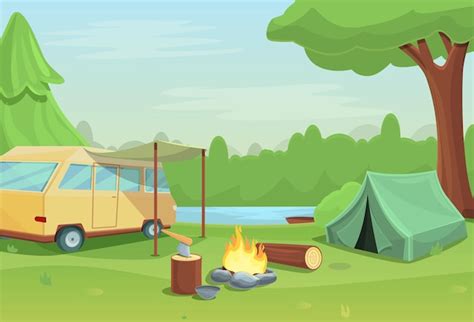 Cartoon camping with bonfire tent and car in nature | Premium Vector