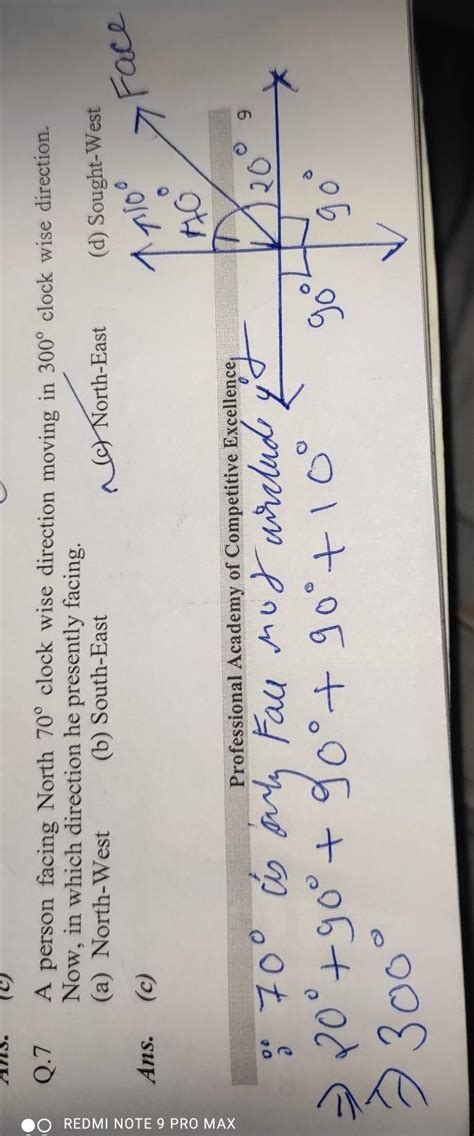 A person is facing 70° clockwise direction moving in clockwise and 300 ...