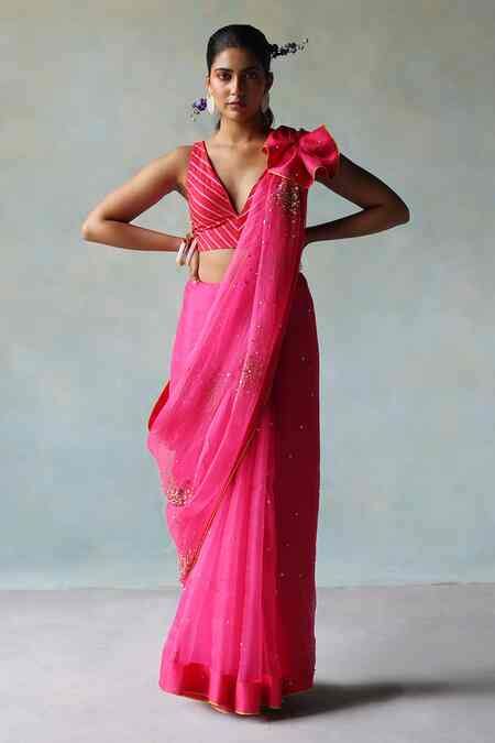 Buy Pink Crepe Hand Embroidery Sequin Saree With Unstitched Blouse ...