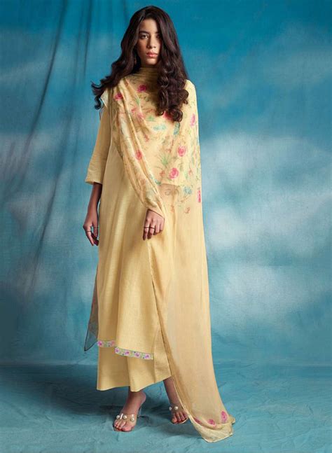 Ganga Women's Yellow Unstitched Cotton Linen Printed Suit Material ...