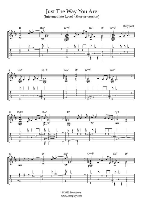 Guitar Sheet Music Just The Way You Are (Intermediate Level, Solo ...
